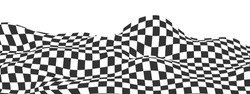 Waved Checkered Pattern Background In Y2k Style. Warped Texture With Black And White Squares. Undulate Chessboard, Race Flag, Textile Plaid, Tile Floor Surface. Vector Graphic Illustration