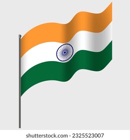 Waved India flag. Indian flag on flagpole. Vector emblem of India 