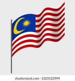 Waved Malaysia flag. Malaysian flag on flagpole. Vector emblem of Malaysia