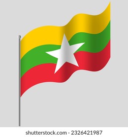 Waved Myanmar flag. Myanmar flag on flagpole. Vector emblem of Myanmar