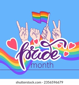Waved rainbow, Human Hands Showing Different signs and Hand Lettering Pride. Pride Month banner background. Symbols of LGBT pride community flag in Rainbow colors.