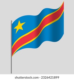 Waved Republic of the Congo flag. Congo flag on flagpole. Vector emblem of Democratic Republic of the Congo