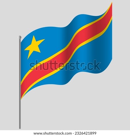 Waved Republic of the Congo flag. Congo flag on flagpole. Vector emblem of Democratic Republic of the Congo
