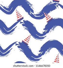 Waved seamless pattern, blue on white, sailboats on waves
