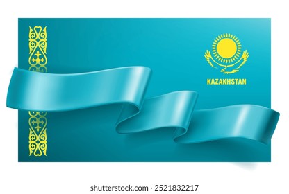 Waved silk ribbon on a blue background with a traditional kazakh ornament. The sun and the eagle are the symbol of Kazakhstan. Background for greeting card of national holidays in Kazakhstan