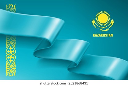 Waved silk ribbon on a blue background with a traditional kazakh ornament. The sun and the eagle are the symbol of Kazakhstan. Background for greeting card of national holidays in Kazakhstan