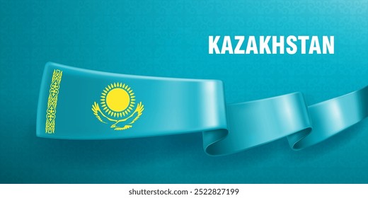 Waved silk ribbon on a blue background with a traditional kazakh ornament. The sun and the eagle are the symbol of Kazakhstan. Background for greeting card of national holidays in Kazakhstan