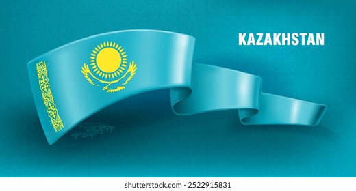 Waved silk ribbon on a blue background with a traditional kazakh ornament. The sun and the eagle are the symbol of Kazakhstan. Background for greeting card of national holidays in Kazakhstan