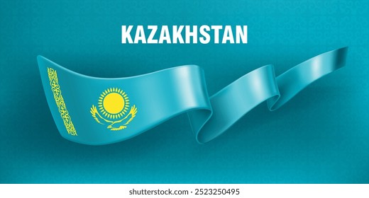 Waved silk ribbon on a blue background with a traditional kazakh ornament. The sun and the eagle are the symbol of Kazakhstan. Background for greeting card of national holidays in Kazakhstan