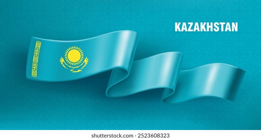 Waved silk ribbon on a blue background with a traditional kazakh ornament. The sun and the eagle are the symbol of Kazakhstan. Background for greeting card of national holidays in Kazakhstan