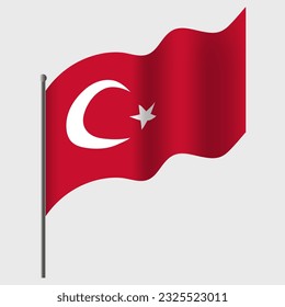 Waved Turkey flag. Turkish flag on flagpole. Vector emblem of Turkey 