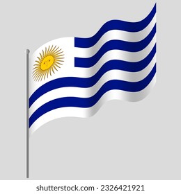 Waved Uruguay flag. Uruguay flag on flagpole. Vector emblem of Uruguay