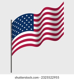 Waved USA flag. American flag on flagpole. Vector emblem of USA 