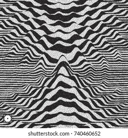 Waveform background. Dynamic visual effect. Surface distortion. Black and white sound waves. Pointillism pattern with optical illusion. Stippled vector illustration.