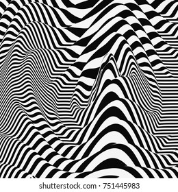Waveform background. Dynamic visual effect. Surface distortion. Pattern with optical illusion. Vector striped illustration. Black and white sound waves. 