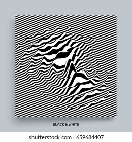 Waveform background. Surface distortion. Pattern with optical illusion. Vector striped illustration. Black and white sound waves. Cover design template. 