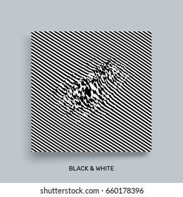 Waveform background. Surface distortion. Pattern with optical illusion. Vector striped illustration. Black and white sound waves. Cover design template. 