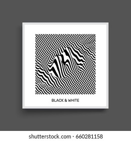 Waveform background. Surface distortion. Pattern with optical illusion. Vector striped illustration. Black and white sound waves. Cover design template. 