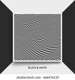 Waveform background. Surface distortion. Pattern with optical illusion. Vector striped illustration. Black and white sound waves. Cover design template. 