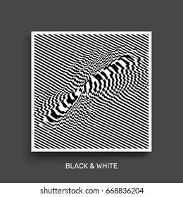 Waveform background. Surface distortion. Pattern with optical illusion. Vector striped illustration. Black and white sound waves. Cover design template. 