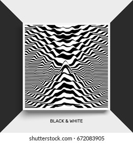 Waveform background. Surface distortion. Pattern with optical illusion. Vector striped illustration. Black and white sound waves. Cover design template. 