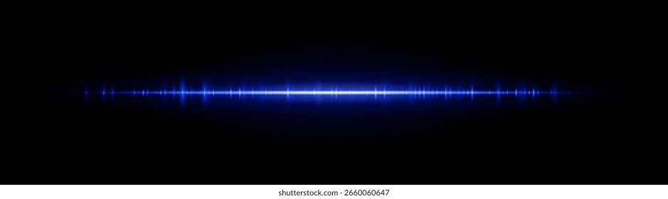 Faixa de forma de onda. Linha brilhante limpa com padrão de frequência suave e explosão de luz central. Adequado para audiovisuais, espectro ou interface de usuário técnica.