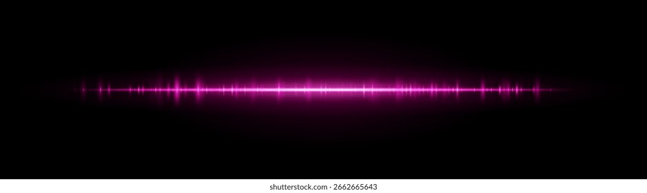Wellenformstreifen. Glühende Linie mit glattem Frequenzmuster und mittlerem Lichtburst reinigen. Geeignet für Audio Visuals, Spectrum oder Tech UI.