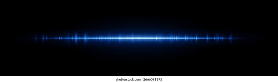 Faixa de forma de onda. Linha brilhante limpa com padrão de frequência suave e explosão de luz central. Adequado para audiovisuais, espectro ou interface de usuário técnica.