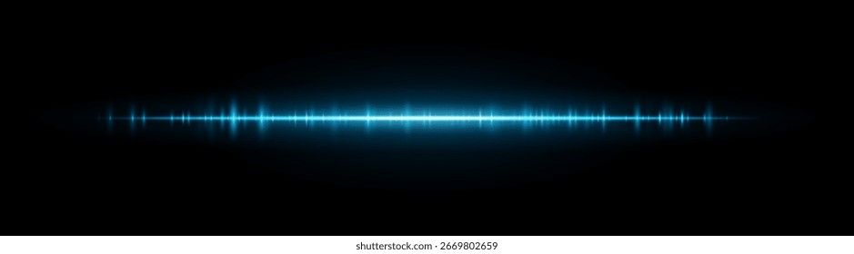Faixa de forma de onda. Linha brilhante limpa com padrão de frequência suave e explosão de luz central. Adequado para audiovisuais, espectro ou interface de usuário técnica.