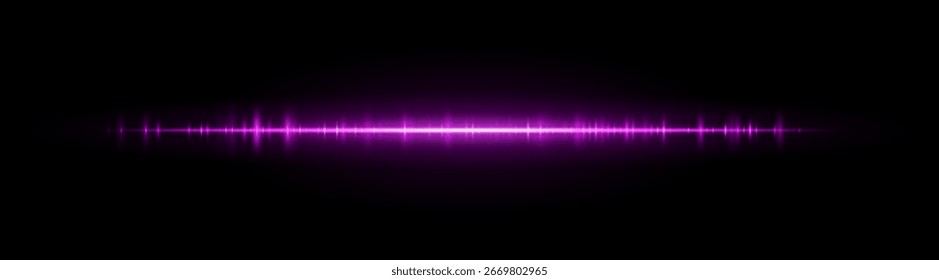 Faixa de forma de onda. Linha brilhante limpa com padrão de frequência suave e explosão de luz central. Adequado para audiovisuais, espectro ou interface de usuário técnica.