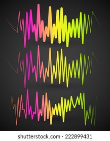 Waveforms, EQ, equalizer graphics with spectrum from red to green