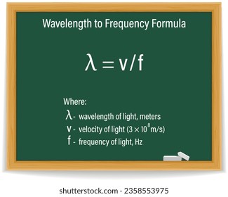 Longitud de onda a Fórmula de frecuencia en una pizarra verde. Educación. Ciencia. Fórmula. Ilustración vectorial.