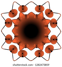 Wavelet and twelve-fold ellipses, double size, connected to a red-black, square object.
