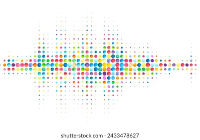 A wave-like pattern of multicolored dots creates a sense of movement on a white canvas, reminiscent of a vibrant sound spectrum.