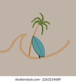 wave,palm and board in the ocean
