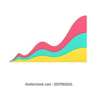 Waves abstract graphics 3d icon. Red infographic business growth curve. Green curl of informational data. Yellow scientific texture of dynamic computing with calculations. Realistic isolated vector