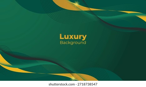 Wellen Abstrakter luxuriöser grüner Hintergrund mit eleganten glänzenden goldenen Linien, geometrischen Schichten und modernem Premium-Design
