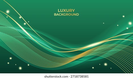 Wellen Abstrakter luxuriöser grüner Hintergrund mit eleganten glänzenden goldenen Linien, geometrischen Schichten und modernem Premium-Design