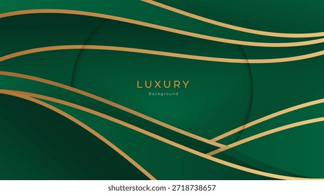 Fondo verde de lujo Abstractas de las olas con las líneas doradas brillantes elegantes, las capas geométricas, y el diseño moderno de Premium