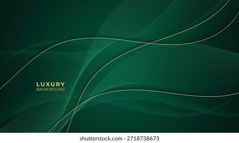 Fundo verde de luxo abstrato das ondas com linhas de ouro brilhantes elegantes, camadas geométricas e design moderno premium