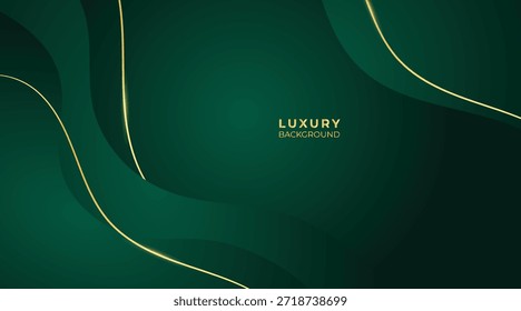 Fondo verde de lujo Abstractas de las olas con las líneas doradas brillantes elegantes, las capas geométricas, y el diseño moderno de Premium
