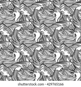 WAVES. Adults coloring book. Hand-drawn doodles with  hipster symbols.  Seamless pattern. Vector isolated illustration. Good elements for adults coloring book or background for scrap book.