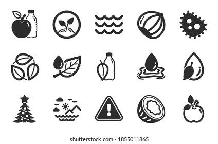 Waves, Apple and Startup icons simple set. Water drop, Sea mountains and Water splash signs. Leaf dew, Hazelnut and Christmas tree symbols. Bacteria, Coconut and Leaves. Eco food. Vector