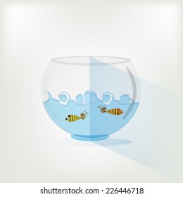 Waves in an aquarium.In a round aquarium two small fishes float.