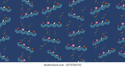 Waves and aquatic animals seamless pattern background illustration. Printing cover, fabric pattern, textile or backgrounds, wallpaper, card.