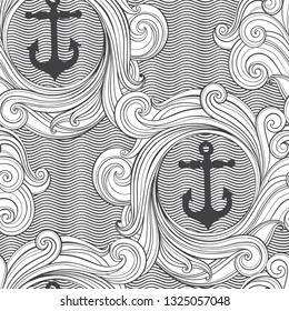 Fondo de ondas con anclas. Abstractas patrón sin fisuras. Ilustración vectorial en blanco y negro.
