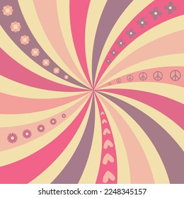Waves background in hippie style with peace sign, hearts, flowers. Pink, violet, beige colors