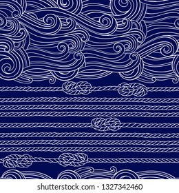 Waves background with marine ropes and knots. Abstract seamless pattern. Vector illustration.