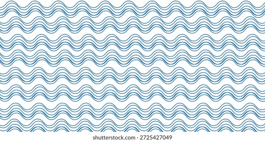Fundo das ondas. Linhas de curvas azuis repetidas. Textura da água. Oceano, mar, lago ou rio. Impressão aquática. Papel de parede marítimo em estilo asiático. Líquido de piscina. Ilustração plana vetorial.