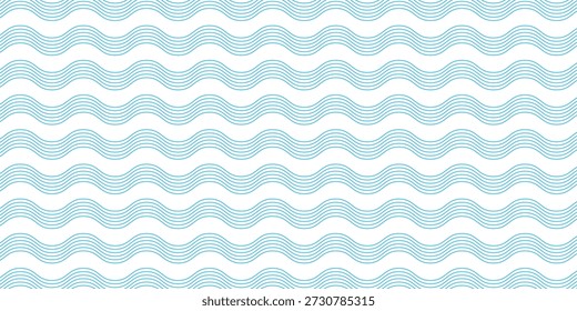 Ondas de fondo. Líneas curvas azules repetidas. Textura de agua. Patrón de océano, mar, lago o río. Estampado Aqua. Fondo de pantalla marítimo en estilo asiático. Líquido de la piscina. Ilustración plana de Vector.

